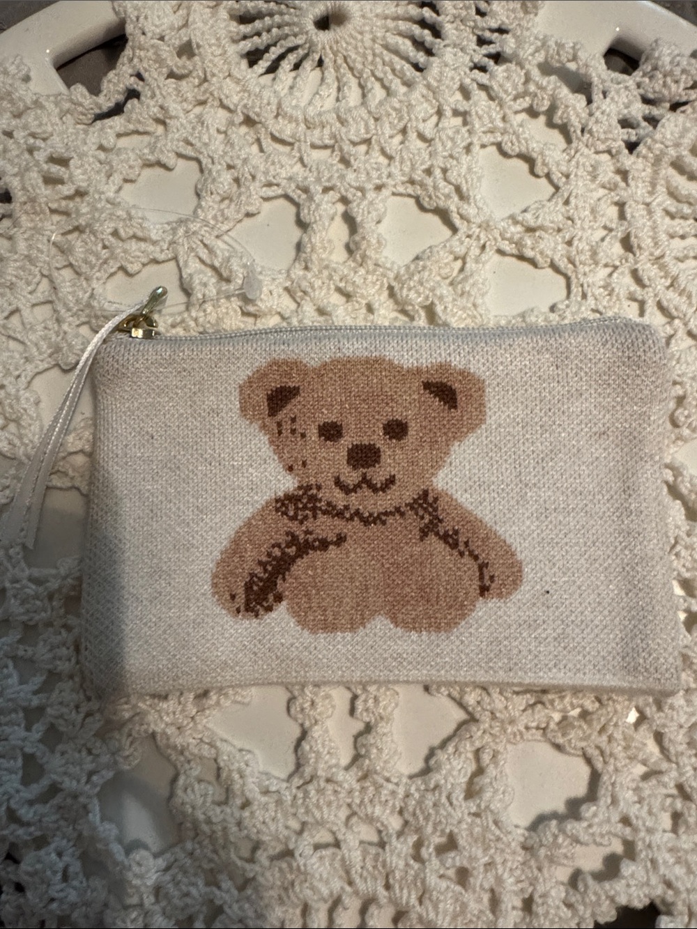 Cream Knit Teddy Bear Zip Coin Pouch